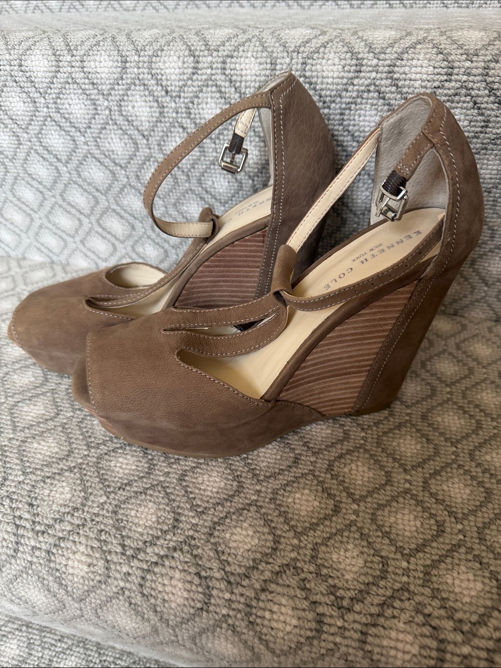 Kenneth Cole Taupe Suede Ankle-Strap Wedge Sandals